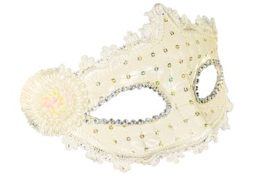 Beyaz karnaval maskesi dekorasyon izole arka plan görünümünü kapat-