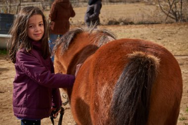 Küçük mutlu kız güzel kahverengi bir atı okşuyor.