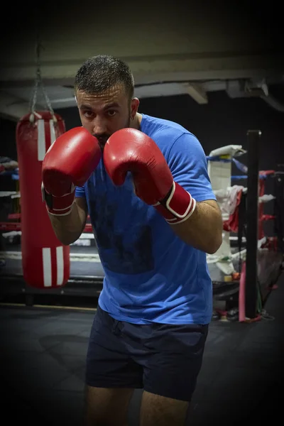 Seitenansicht Eines Selbstbewussten Männlichen Boxers Beim Boxsack Training Fitnessstudio — Stockfoto