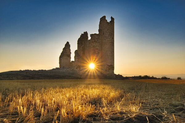 Sunset in Caudilla Castle with sun rays. Toledo, Castilla La Mancha, Spain