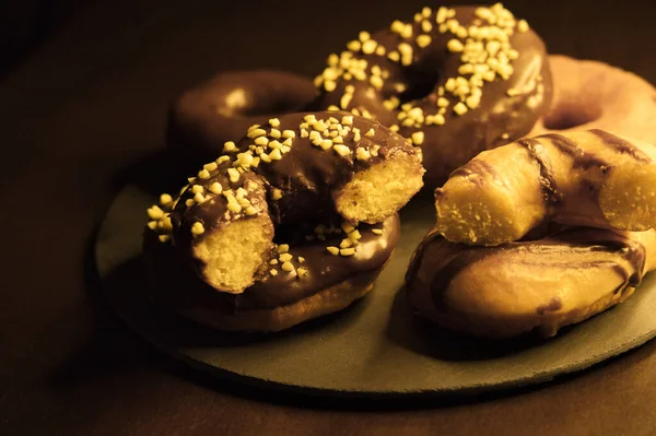 Closeup Delicious Chocolate Donuts Almond Sugar Pieces Stacked Slate Plate — Stock Photo, Image