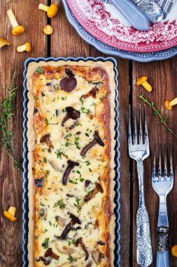 Cantharellus cibarius mantar, peynir ve kekik kiş