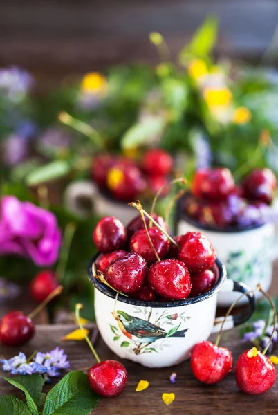 Fresh Ripe Cherries Mug Summer Background — Stock Photo, Image
