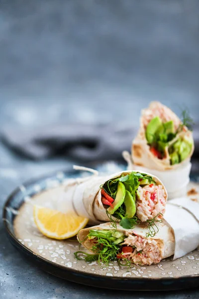 Fresh Healthy Wrapped Tortilla Crab Salad Cucumber Avocado Pepper Green — Stock Photo, Image