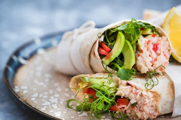 Fresh Healthy Wrapped Tortilla Crab Salad Cucumber Avocado Pepper Green — Stock Photo, Image