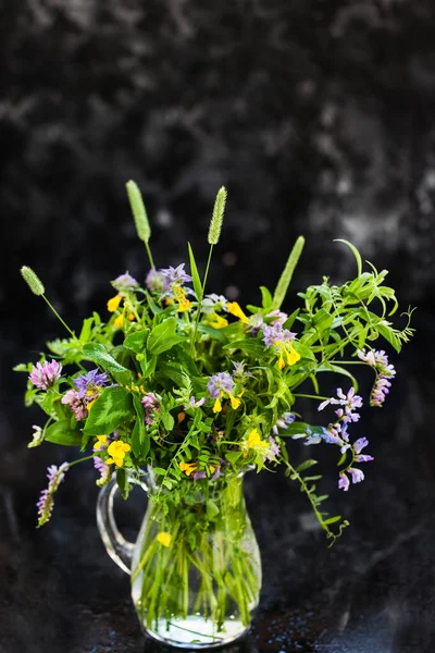 Bouquet Wildflowers Glass Jar Dark Background — Stock Photo, Image