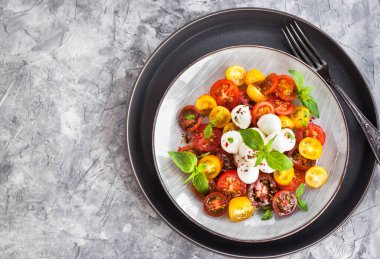 Taze kırmızı ve sarı vişneli domates salatası bebek mozzarella peyniri ve fesleğen, yakın plan.