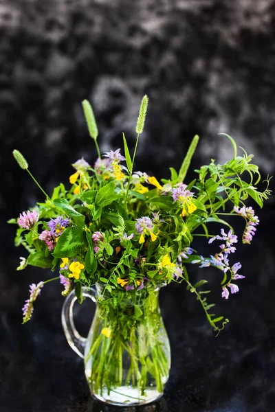 Bouquet Wildflowers Glass Jar Dark Background — Stock Photo, Image