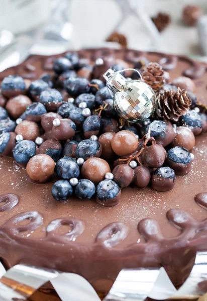 Chocolate cake decorated with fresh berries — Stock Photo, Image