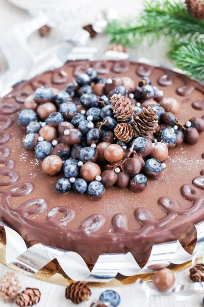 Chocolate cake decorated with fresh berries — Stock Photo, Image