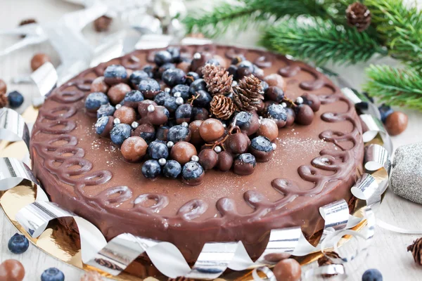 Chocolate cake decorated with fresh berries — Stock Photo, Image