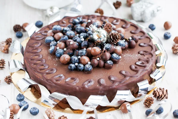 Chocolate cake decorated with fresh berries — Stock Photo, Image