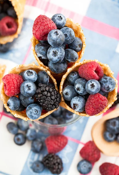 Fresh berries in waffle cone — Stock Photo, Image