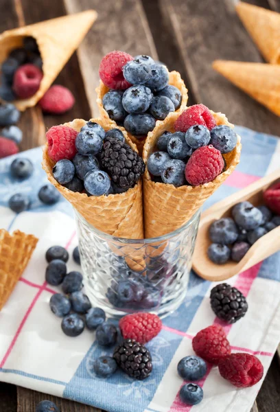 Fresh berries in waffle cone — Stock Photo, Image