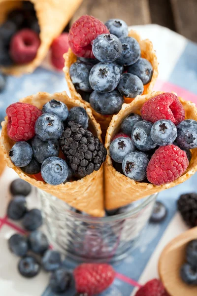 Fresh berries in waffle cone — Stock Photo, Image