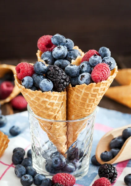 Fresh berries in waffle cone — Stock Photo, Image