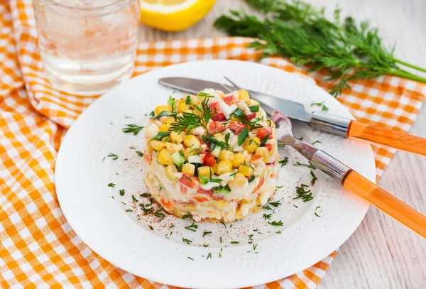 Fresh vegetable and crab salad with mayonnaise — Stock Photo, Image