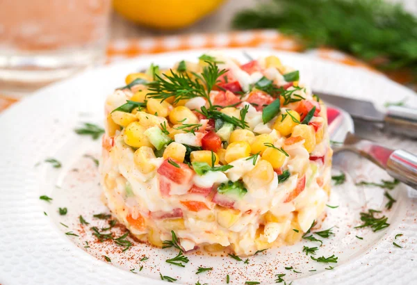 Fresh vegetable and crab salad with mayonnaise — Stock Photo, Image