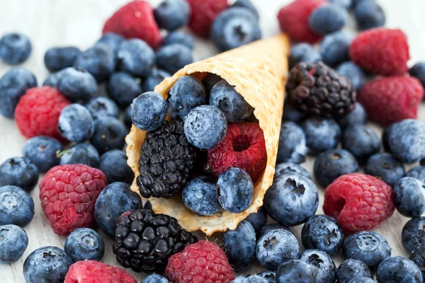 Fresh berries in waffle cone — Stock Photo, Image