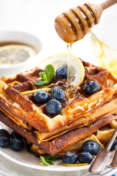 Waffles de mirtilo de limão com mel — Fotografia de Stock