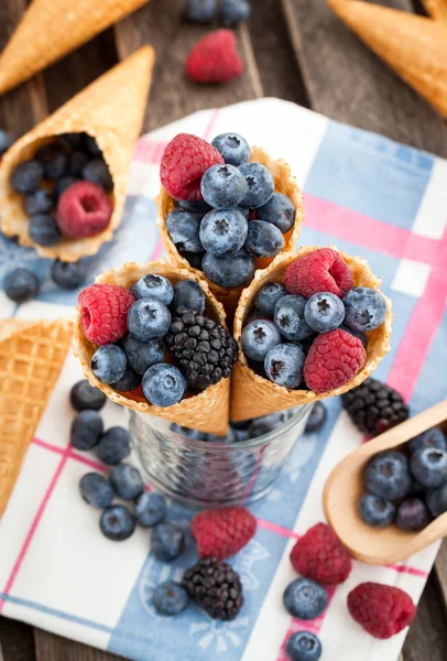 Fresh berries in waffle cone — Stock Photo, Image