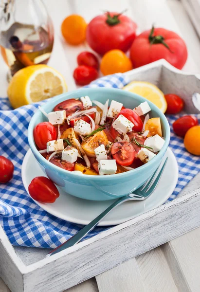 Taze domates, soğan ve peynir salatası — Stok fotoğraf