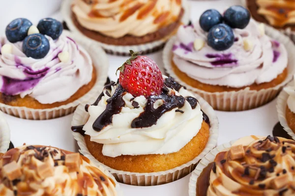 Ensemble de cupcakes différents dans une boîte — Photo