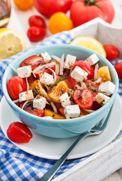 Čerstvý salát rajče, cibulí a sýrem feta — Stock fotografie