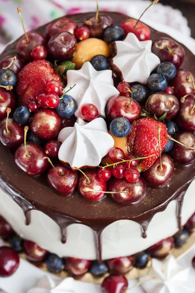 Bolo decorado com chocolate, merengues e bagas frescas — Fotografia de Stock