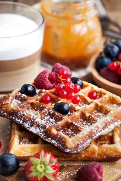 Belgian waffles with fresh berries and cappuccino — Stock Photo, Image