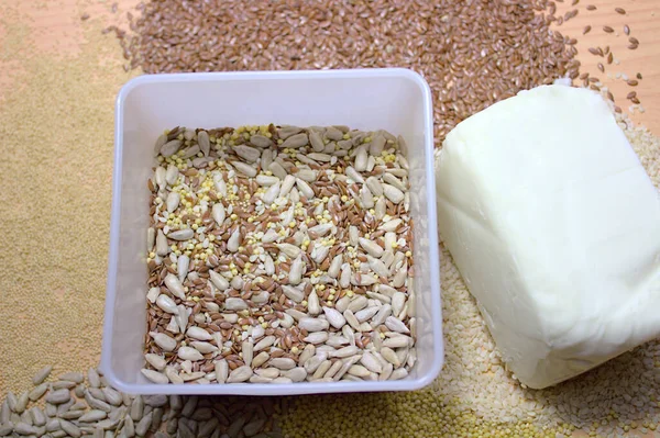 Diferentes Tipos Sementes Gordura Vegetal Para Fazer Comida Pássaro — Fotografia de Stock