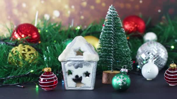 Natale Oro Rosso Argento Decorazione Con Casa Natale Albero Luci — Video Stock