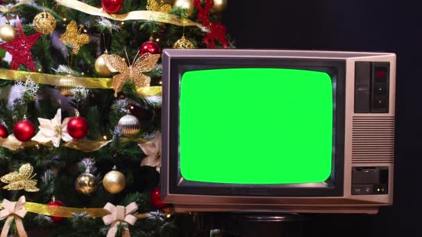 Alter Vintage Fernseher Mit Grünem Bildschirm Vor Dem Weihnachtsbaum — Stockvideo