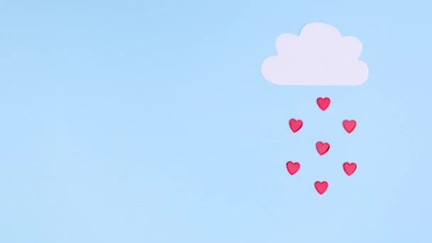 Nuvem Branca Aparecem Tema Azul Começar Chover Corações Dia Dos — Vídeo de Stock