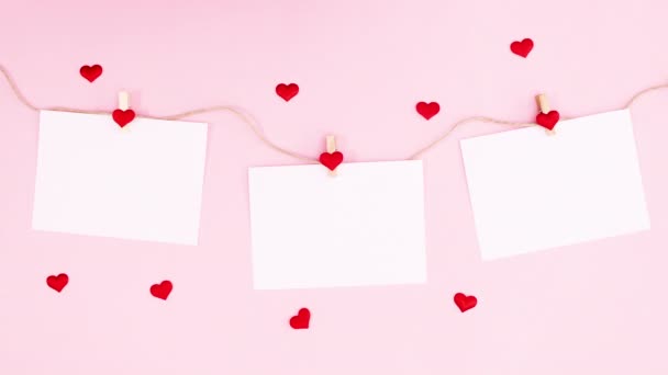 Los Corazones Aparecen Alrededor Del Papel Enganchado Cuerda Para Día — Vídeos de Stock