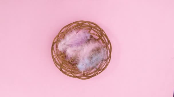 Πασχαλινά Αυγά Έρχονται Ξύλινο Καλάθι Φτερά Παστέλ Ροζ Θέμα Σταμάτημα — Αρχείο Βίντεο