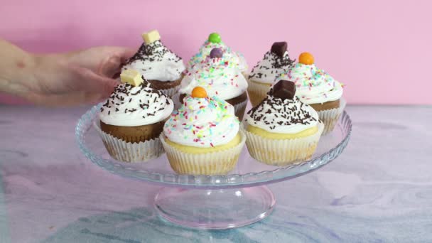 Hand Taking Cup Cakes Served Crystal Plate — Stock Video