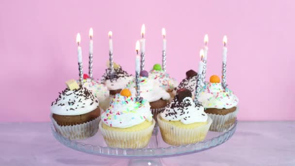 为生日派对在杯子蛋糕上点蜡烛 — 图库视频影像