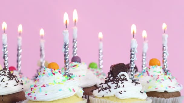 Cup Cakes Cream Crumbs Burning Candles Birthday Party Close — Stock Video