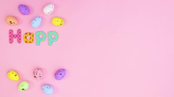 Texto Pascua Feliz Escribir Sobre Tema Rosa Pastel Con Huevos — Vídeo de stock