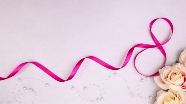 Romantic Floral Decoration Ribbons Pearls Stop Motion — Stock Video