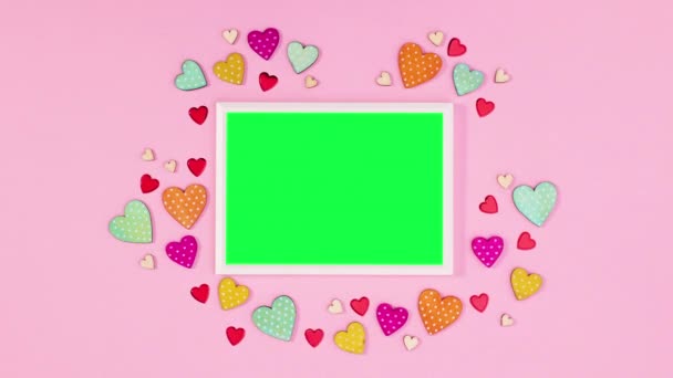 Любов Серця Рамка Зеленим Екраном Зупинити Рух — стокове відео