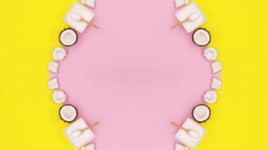 Masanın üzerinde hindistan cevizi tropik meyve süslemesi var. Hareketi durdur