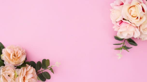Buquê Flor Aparecem Fundo Rosa Brilhante Pastel Stop Motion Flat — Vídeo de Stock