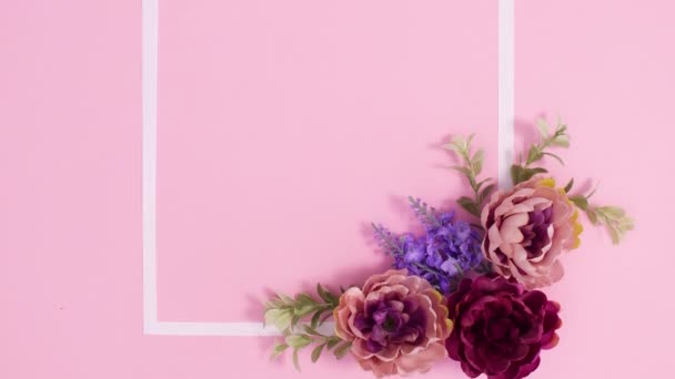 Copy Space Frame Flower Arrangement Pastel Pink Background Stop Motion — Stock Video