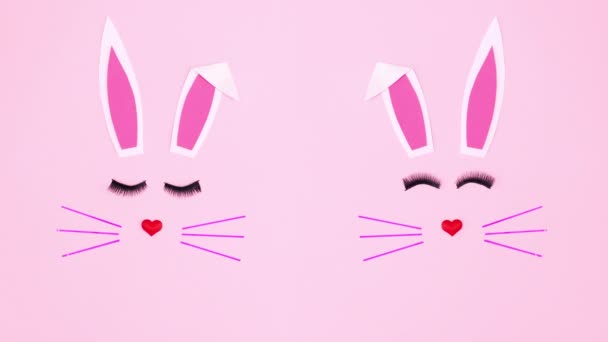 Креативный Двойной Пасхальный Кролик Розовом Фоне Стоп Движение — стоковое видео
