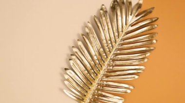 Altın palmiye yaprağı çıplak turuncu arka planda görünür. Tropik egzotik düz konsept. Hareketi durdur 