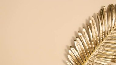 Tropik altın palmiye yaprağı ve altın fotokopi çerçevesi çıplak arkaplanda görünür. Hareketi durdur