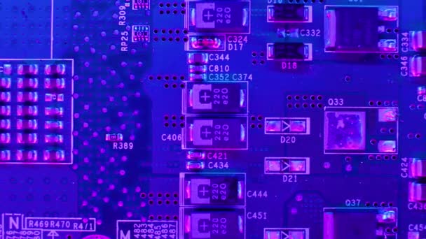 Placa Eletrônica Com Soldas Chips Ficção Científica Efeitos Luz Cyber — Vídeo de Stock