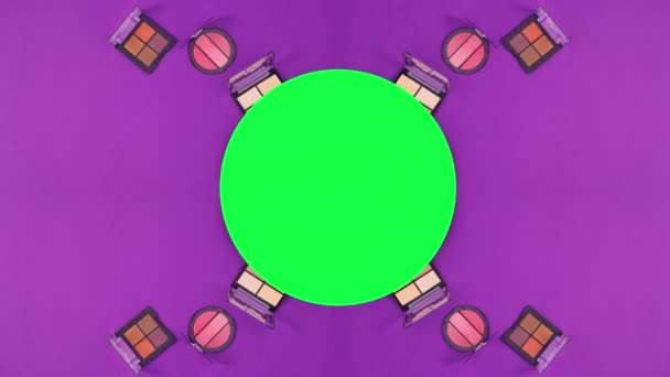Макияж Косметических Средств Появляется Зеленом Фоне Фиолетового Экрана Стоп Движение — стоковое видео